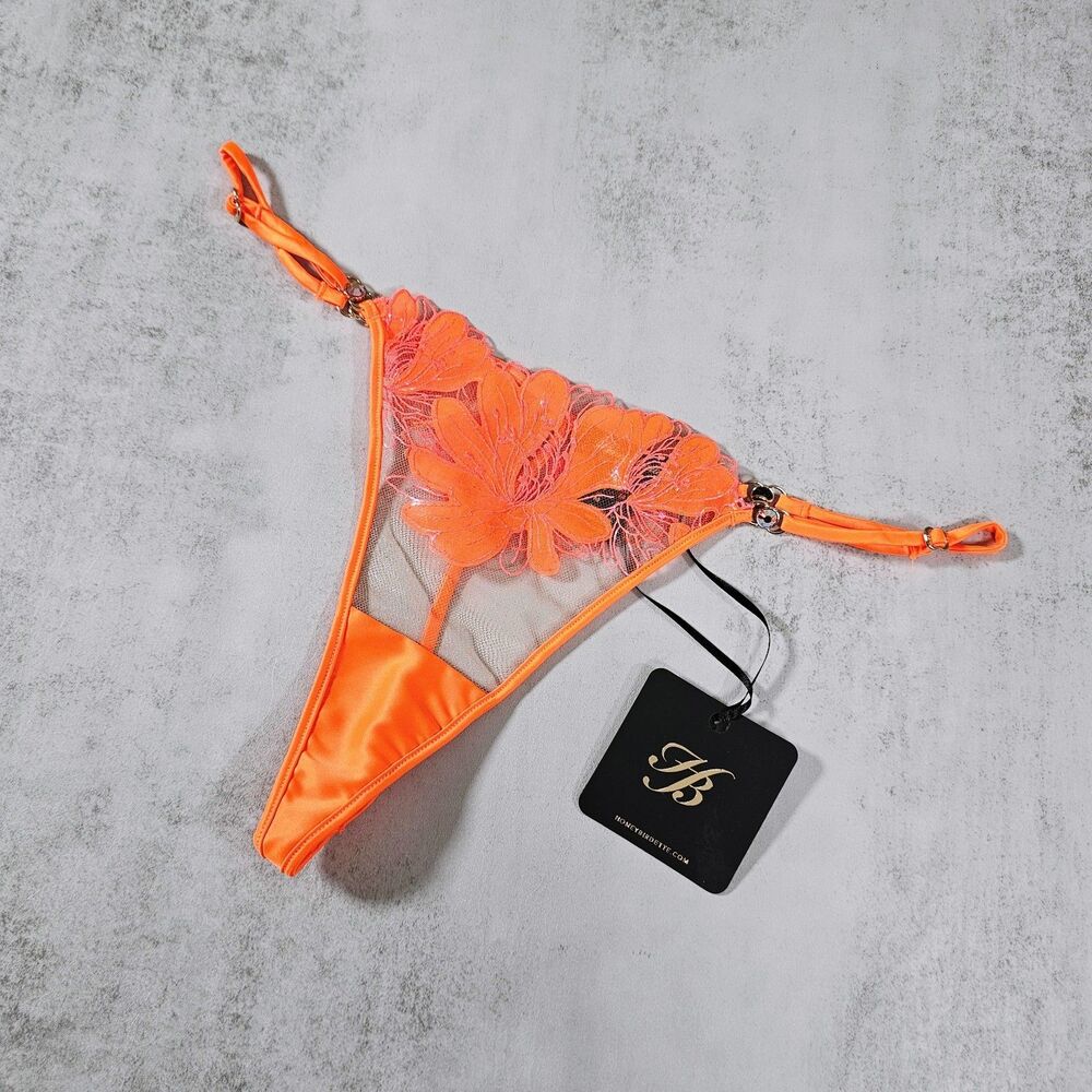 Honey Birdette Britt Neon Orange Floral Thong Panty Size M